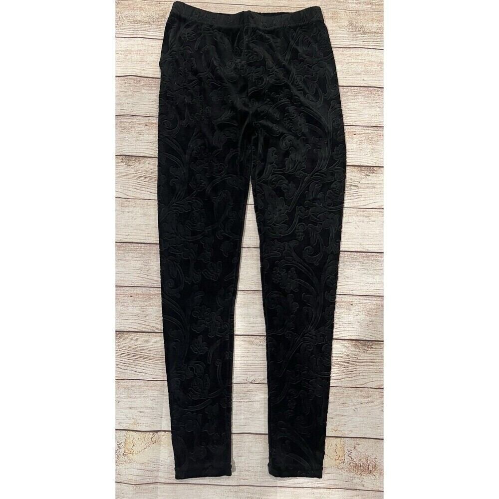 Connection 18 Black Pull On pants Leggins With velvet embossed floral pattern S